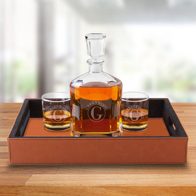 Personalized Decanter Set with Serving Tray & 2 Whiskey Glasses - Circle - JDS