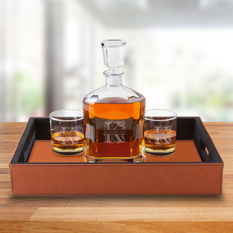 Personalized Decanter Set with Serving Tray & 2 Whiskey Glasses - Filigree - JDS