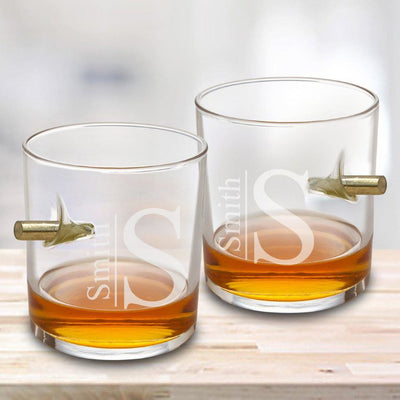 Personalized Bullet Whiskey Glass Set of 2 - Lowball Old Fashioned Glass Set