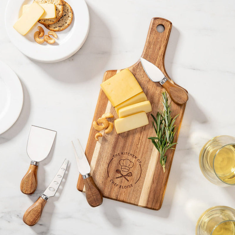 Personalized Acacia Serving Board With 4 Piece Knife Set