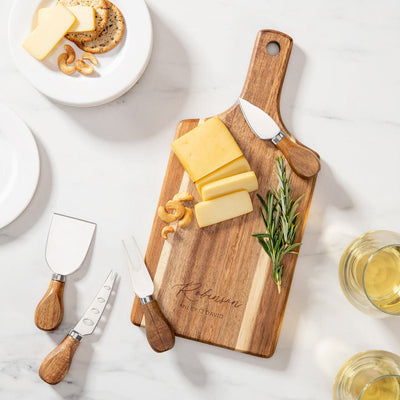 Personalized Acacia Serving Board With 4 Piece Knife Set
