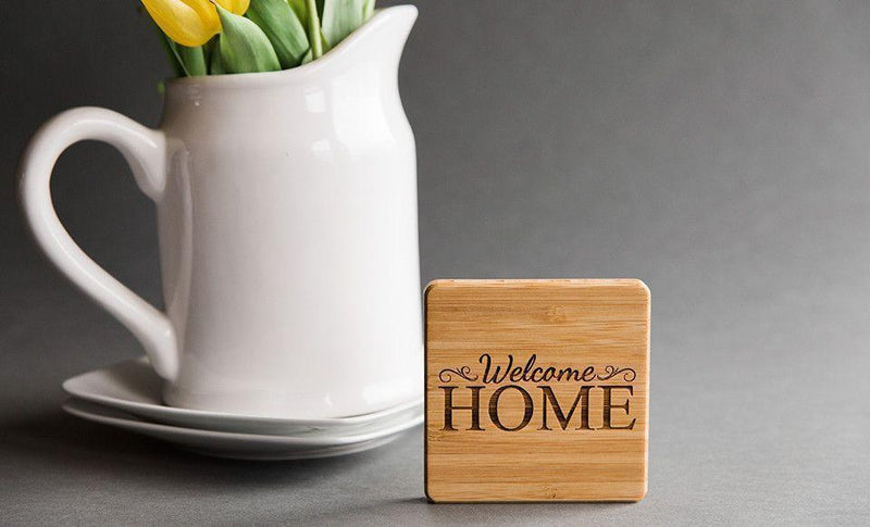 Personalized Bamboo Coasters - Set of 4 - Includes a Holder