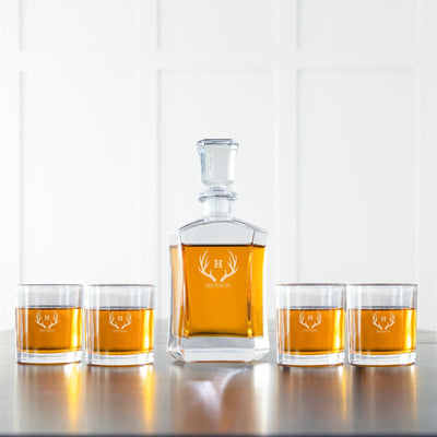Personalized Decanter set with 4 Lowball Whiskey Glasses - Antler - JDS