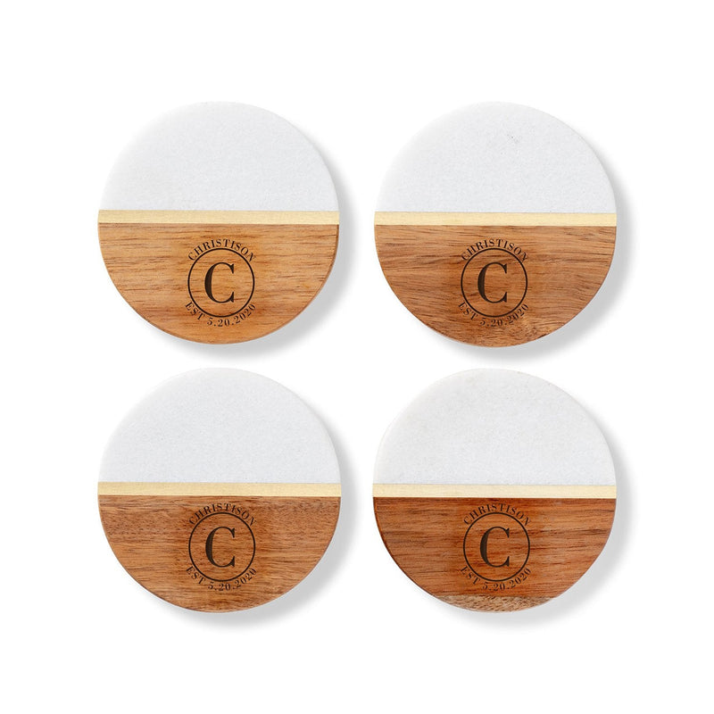 Drink Here Acacia Wood and Marble Coasters